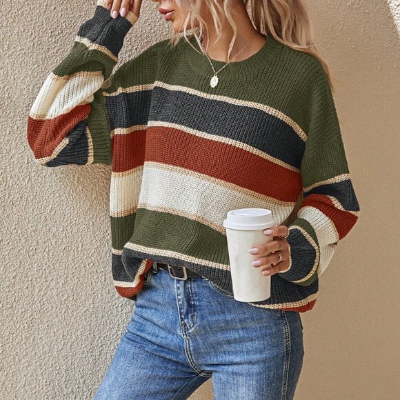 Army Green Casual Women's Long Sleeve Colorblock Oversized Sweater - Picture 1 of 6